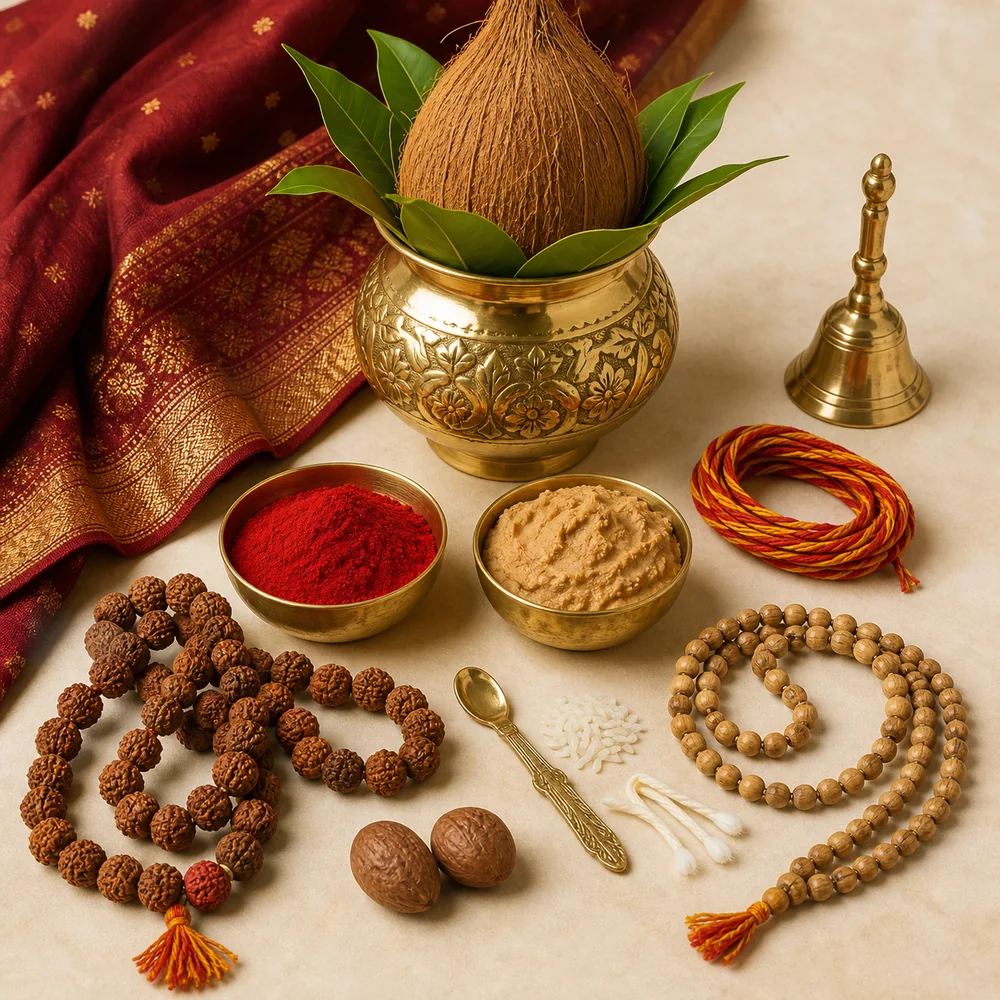 Traditional kalash, kumkum and pooja accessories